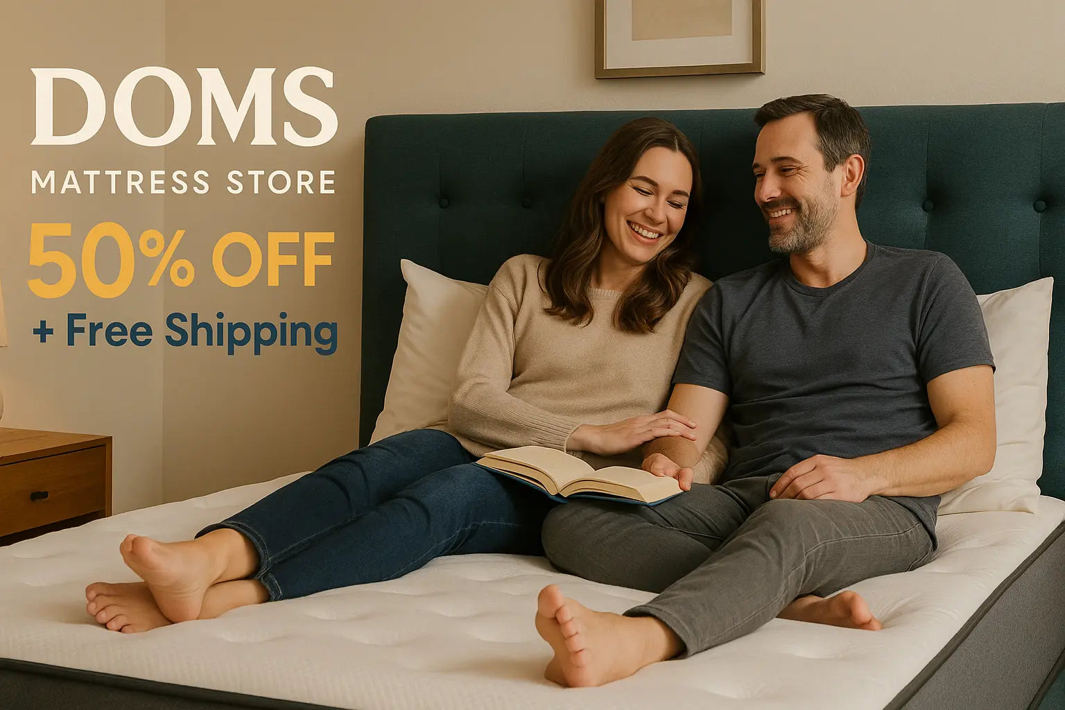 Cozy bedroom scene featuring a mattress with a happy couple, highlighting Dom’s Mattress Store 50% off sale and free shipping, designed with a clean color palette of black, beige, slate gray, orange, and blue