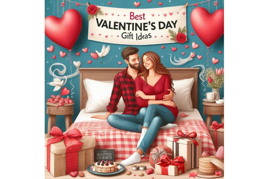 A husband and wife sitting on a bed, holding each other and smiling. Valentine's Day gifts are scattered around the room, with the wife enjoying her best gift of all—a mattress from Doms Mattress Store