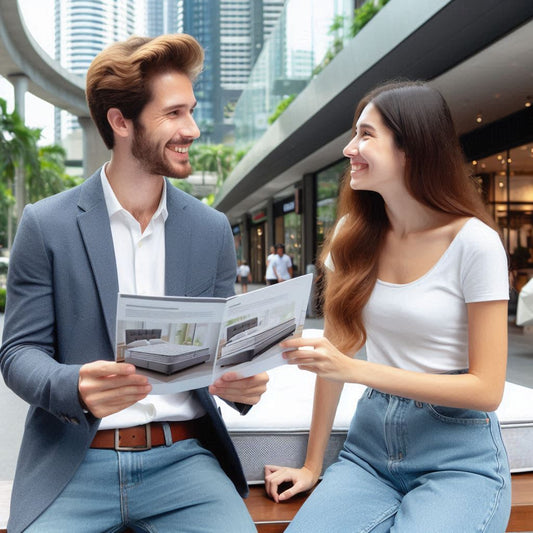 A man outside a shopping mall is presenting a mattress product brochure to a woman customer