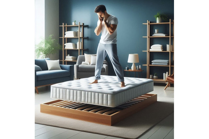 A man standing on a mattress in mid-air, contemplating his purchase decision between a box spring and a mattress base, with a decorated bedroom and platform surface beneath him