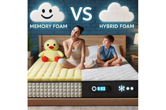 A mom sitting on a hybrid mattress and her son sitting on a memory foam mattress in a decorated bedroom, both considering which mattress is the best option