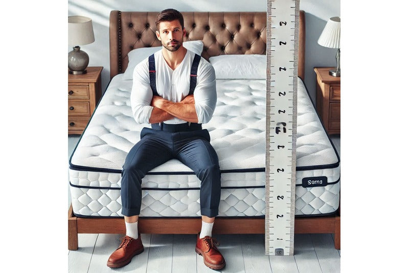 Man sitting on a mattress with a confused expression, next to a tape measure, in a decorated bedroom, pondering which mattress size to choose at Doms Mattress Store