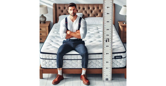 Man sitting on a mattress with a confused expression, next to a tape measure, in a decorated bedroom, pondering which mattress size to choose at Doms Mattress Store