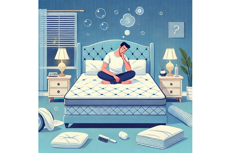 Man sitting on a new mattress in a messy bedroom, realizing the need for new bedding to enhance his sleep quality