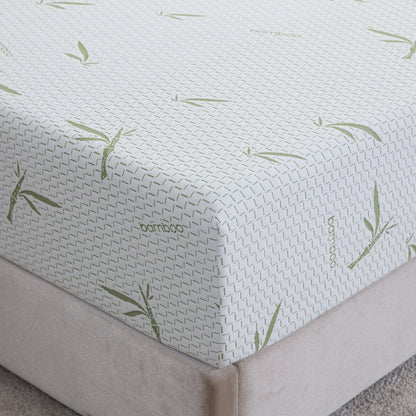 Close-up view of the corner of the MLILY Dreamer Memory Foam Medium 10" Mattress, highlighting the detail of the bamboo mattress cover.