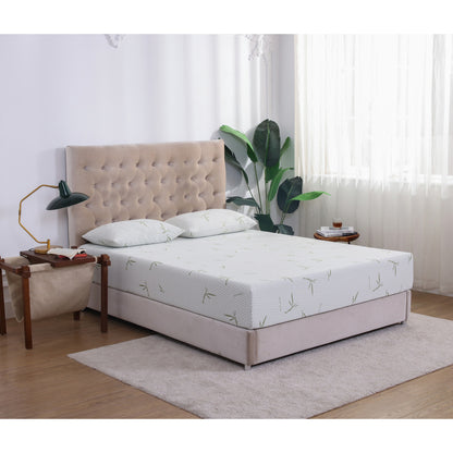 MLILY Dreamer Memory Foam Medium 10" Mattress on a platform bed with two MLILY Dreamer pillows, showing an angled view with sunlight coming through the curtains.