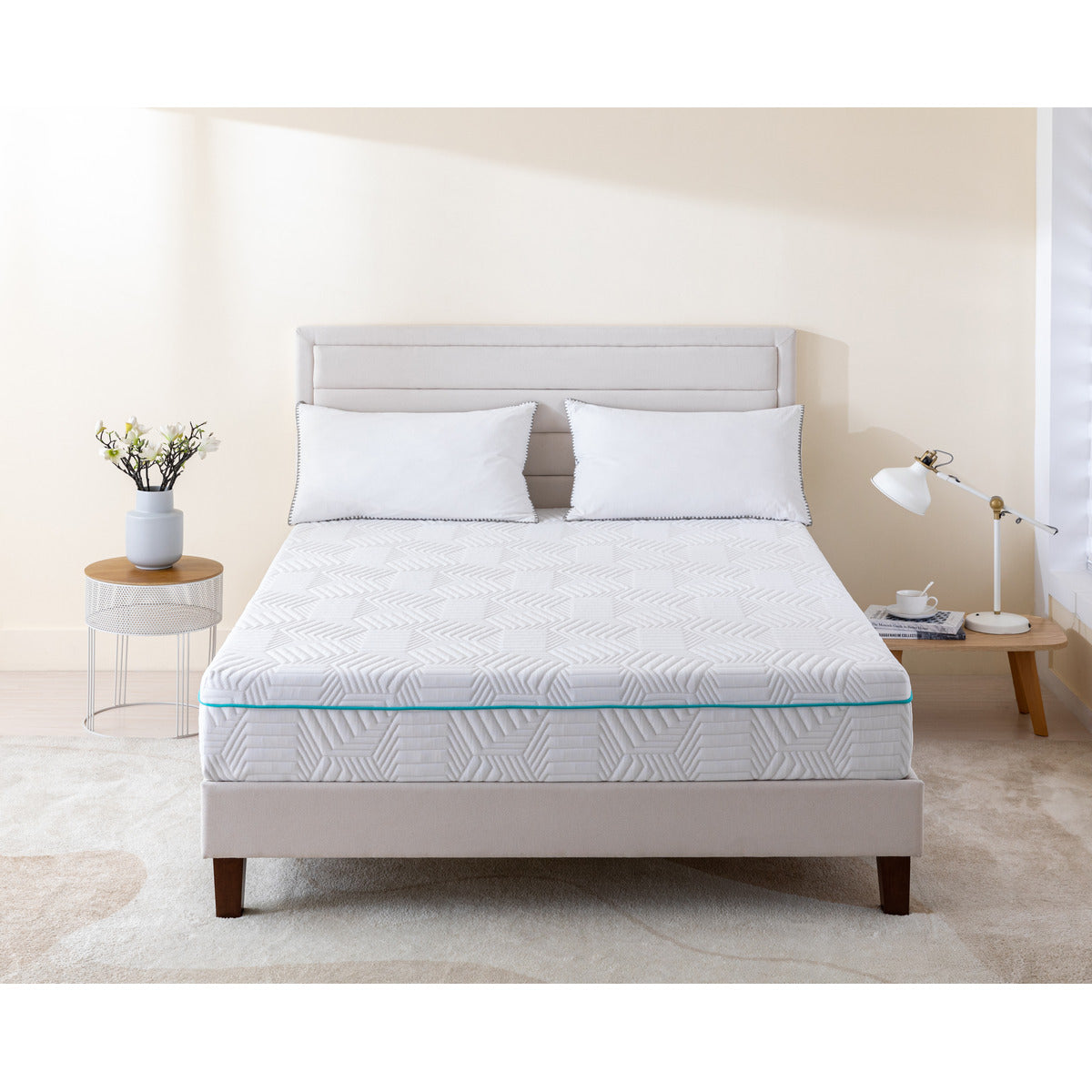 MLILY Essential Plus Memory Foam Medium 10" Mattress facing forward, sitting on a platform bed frame with two pillows at the head of the mattress, inside a decorated bedroom.