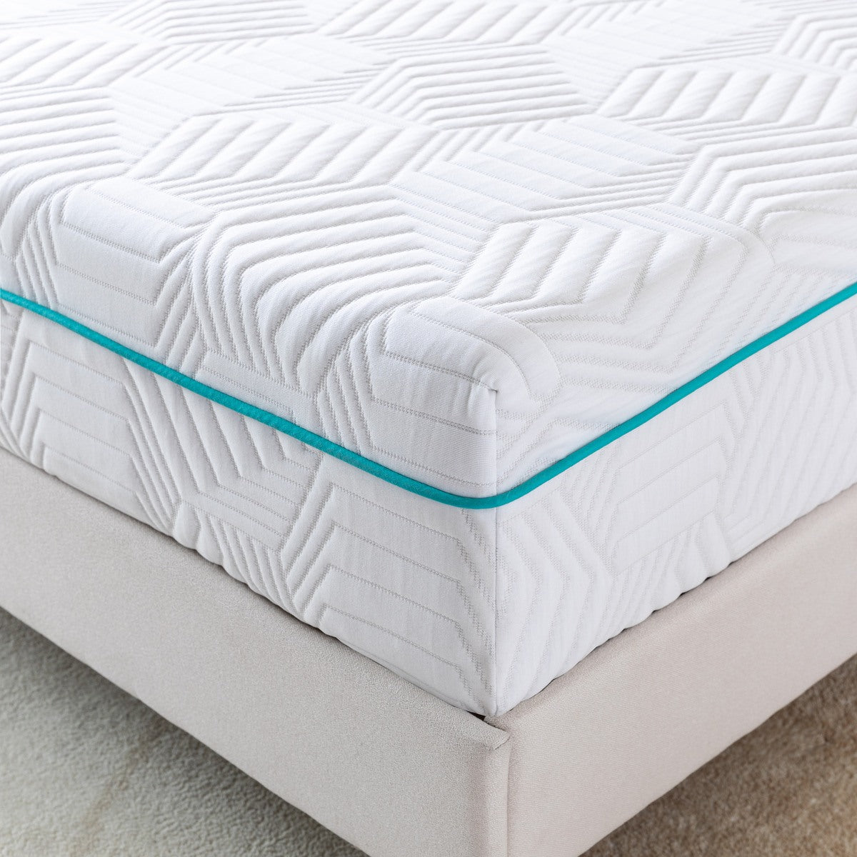 MLILY Essential Plus Memory Foam Medium 10" Mattress, sitting on top of a platform bed frame, zoomed in to show the detail of the mattress cover, inside of a bedroom with carpet flooring.