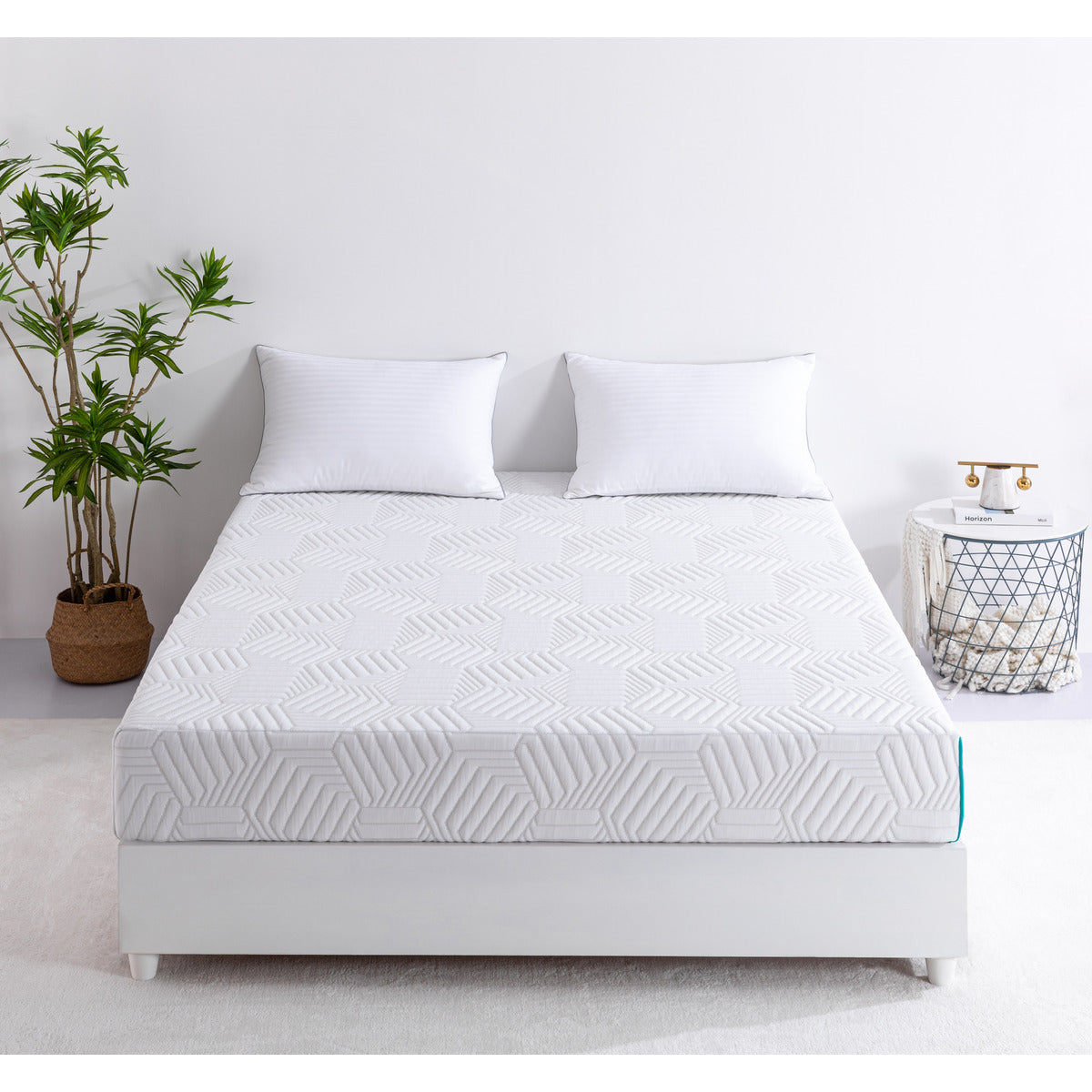 MLILY Essential Plus Memory Foam Medium 8" Mattress, the bed is facing forward, sitting on top of a platform bed frame with 2 pillows at the head of the bed, inside a decorated bedroom.