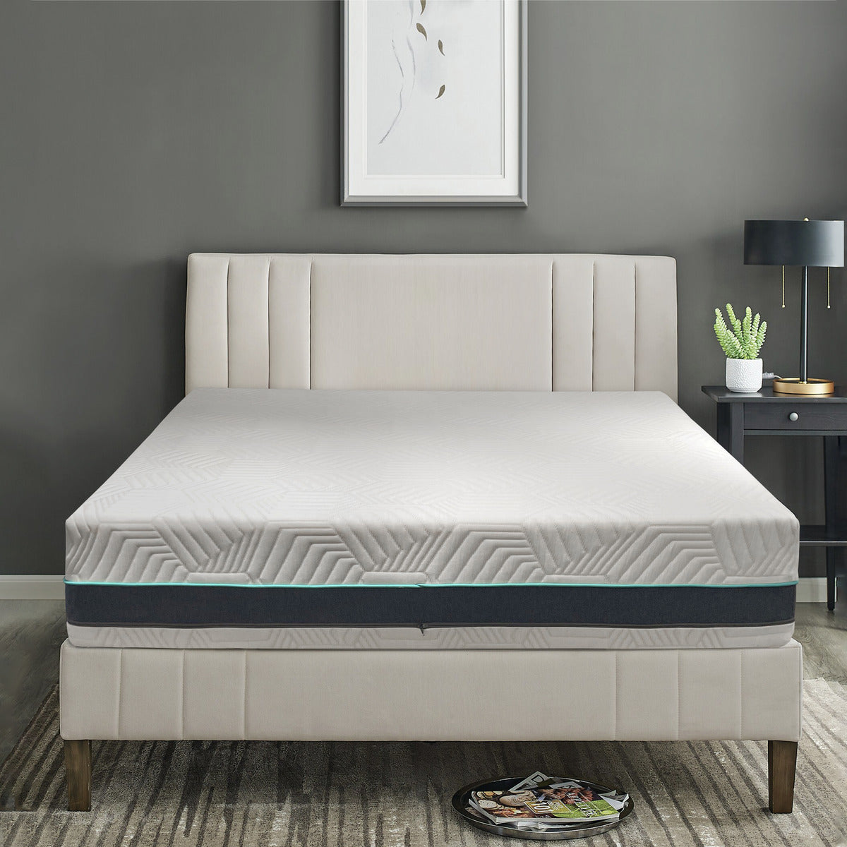 MLILY Essential Plus Memory Foam Medium Plush 12" Mattress facing forward, sitting on a platform bed frame inside a decorated bedroom.