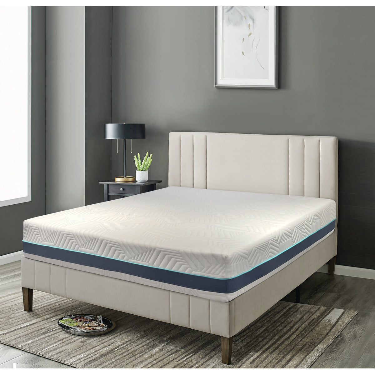 MLILY Essential Plus Memory Foam Medium Plush 12" Mattress showing the corner, front, and side of the mattress, sitting on a platform bed frame inside a decorated bedroom.