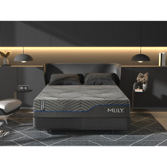 MLILY Midnight 3.0 Hybrid Luxury Plush 12" Mattress front view, on a platform bed base, intimate decorated bedroom setting