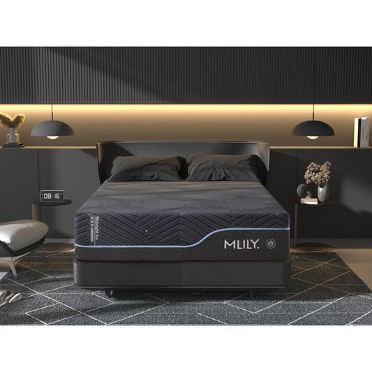 MLILY Midnight ICE 1.0 Hybrid Medium Firm 14" Mattress front view, on a platform bed base, intimate decorated bedroom setting