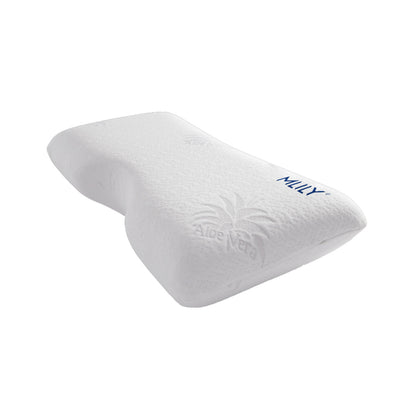 MLILY Serenity Contour Pillow with aloe vera-infused cover, slight corner aerial view on white background, highlighting the soft, soothing benefits of aloe vera for enhanced skin comfort and a cooling effect.