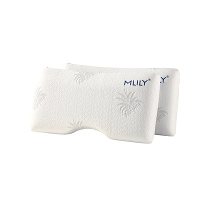 MLILY Serenity Contour Pillows stacked upright showing special cutout for side sleeping, rotatable for back and stomach sleeping.