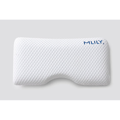 MLILY Serenity Cool Pillow with overhead view on white background, showing the cooling viscose fabric cover that breathes and wicks away moisture, with the Ventilated gel-infused AeroFusion Memory Foam core inside.