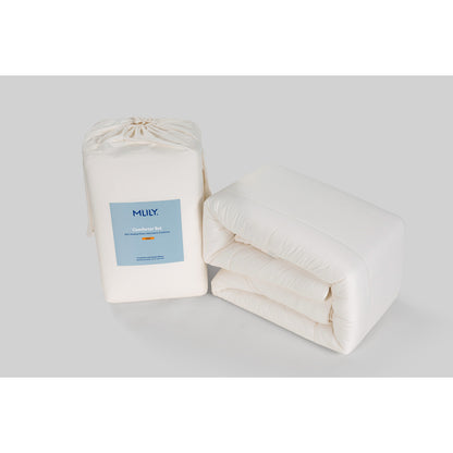 MLILY Soft Washed Down Alternative Comforter Set in white, shown in the package and out of the package next to each other, white background.