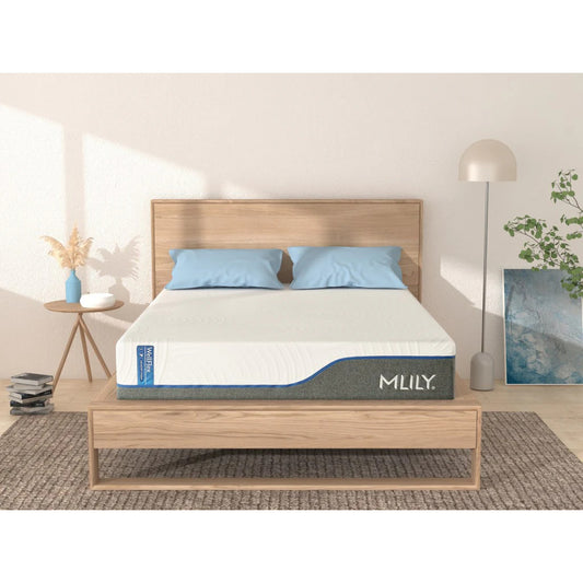 MLILY WellFlex 1.0 Memory Foam Extra Firm 12" Mattress front view on a platform bed frame inside a decorated bedroom