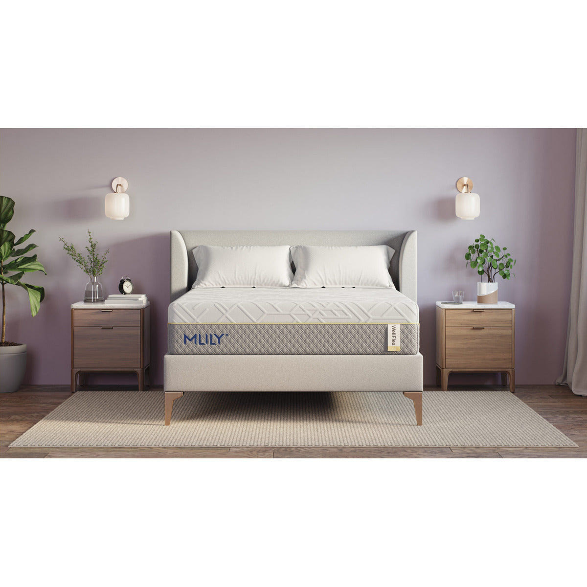 MLILY WellFlex 1.0 Memory Foam Firm 12" Mattress on a platform bed frame with a couple of pillows at the head, inside a decorated bedroom, front view showing the detail of the mattress and bed frame.