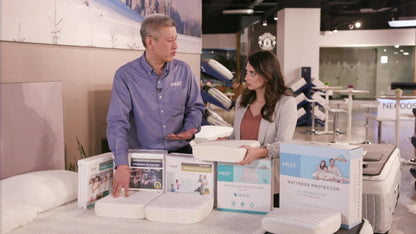 A salesman explains the MLILY Tencel Fabric Mattress Protector to a woman, highlighting its luxurious feel, silky and breathable natural fabric, cooling properties, 100% waterproof protection, and resistance to dust mites and mildew.