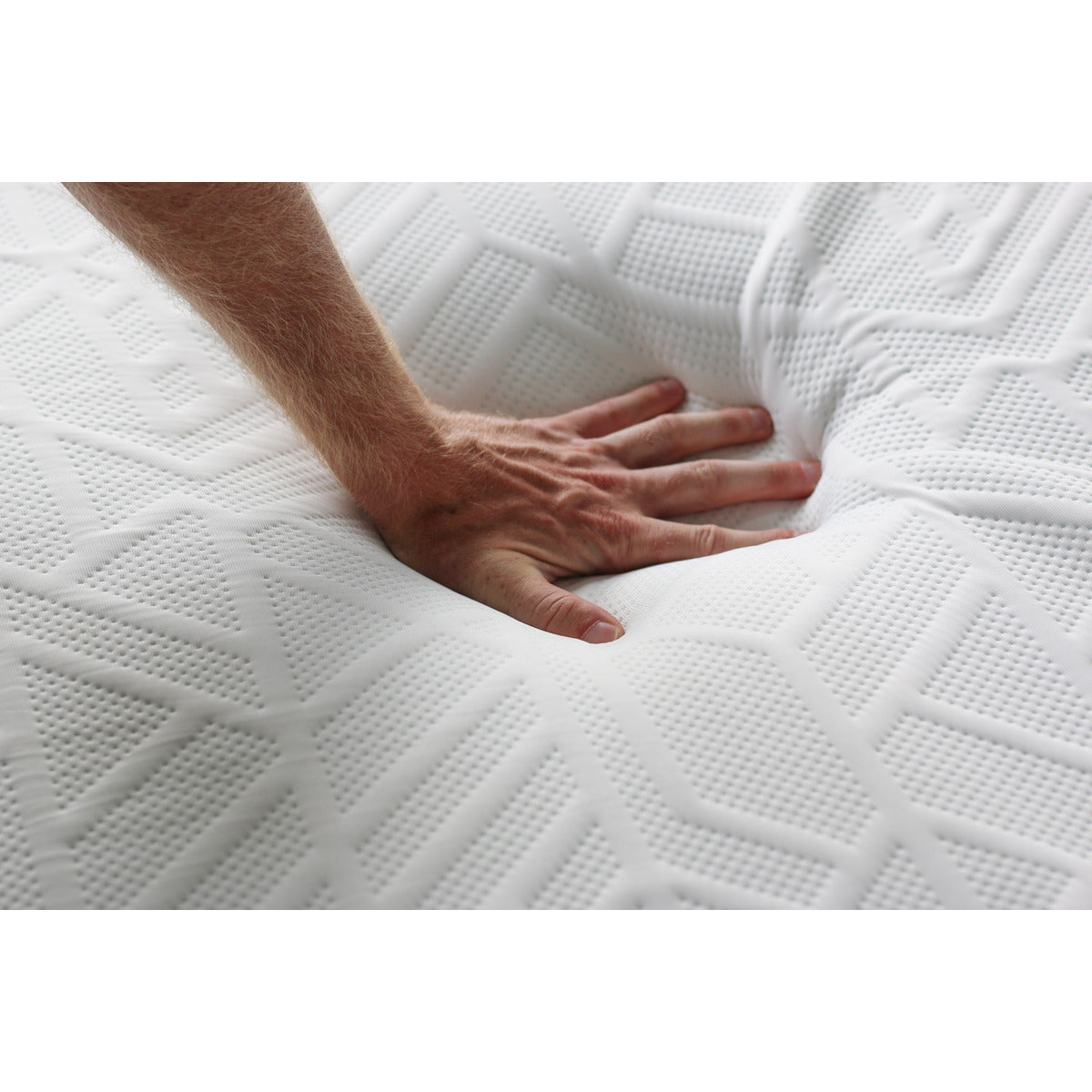 Slight aerial view zoomed in of the MLILY WellFlex 2.0 Memory Foam Medium 12" Mattress with a man's hand pressing down, showcasing the comfort, breathability, and cooling benefits from the layers of memory foam.