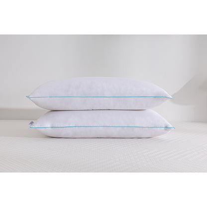 Two MLILY Ethically Sourced Down Pillows stacked on top of each other on a mattress, white background.