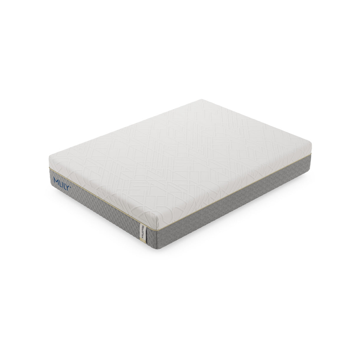 Zoomed-out corner aerial view of the MLILY WellFlex 1.0 Memory Foam Firm 12-inch Mattress, with a white background.