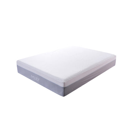 Zoomed-out corner view of the MLILY Tencel Fabric Mattress Protector fully wrapped on a mattress like a fitted sheet, 100% waterproof and machine washable, fits mattresses 7 to 15 inches thick, durable and protective, white background.